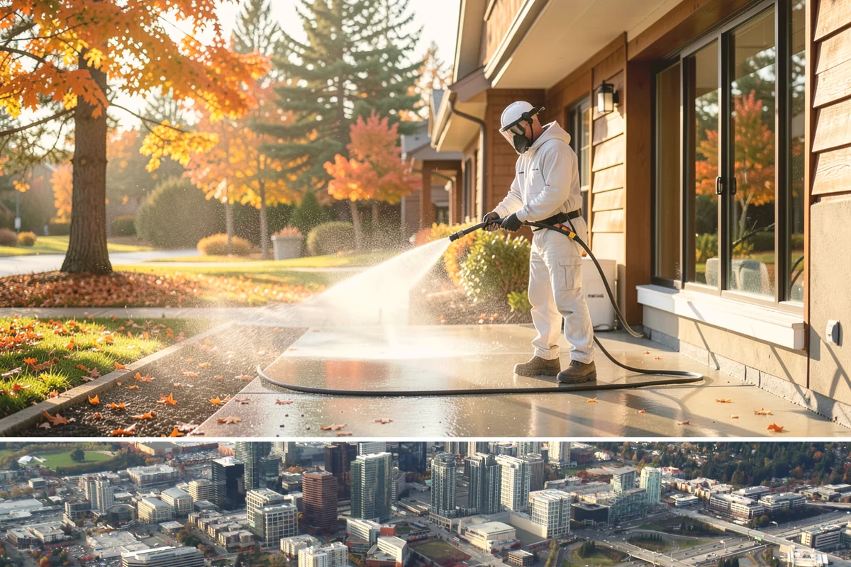Concrete Restoration Cleaning in Bellevue, King County, WA - A dry summer window gives the multiple treatment and rinse stages time to work without rain interrupting the process.