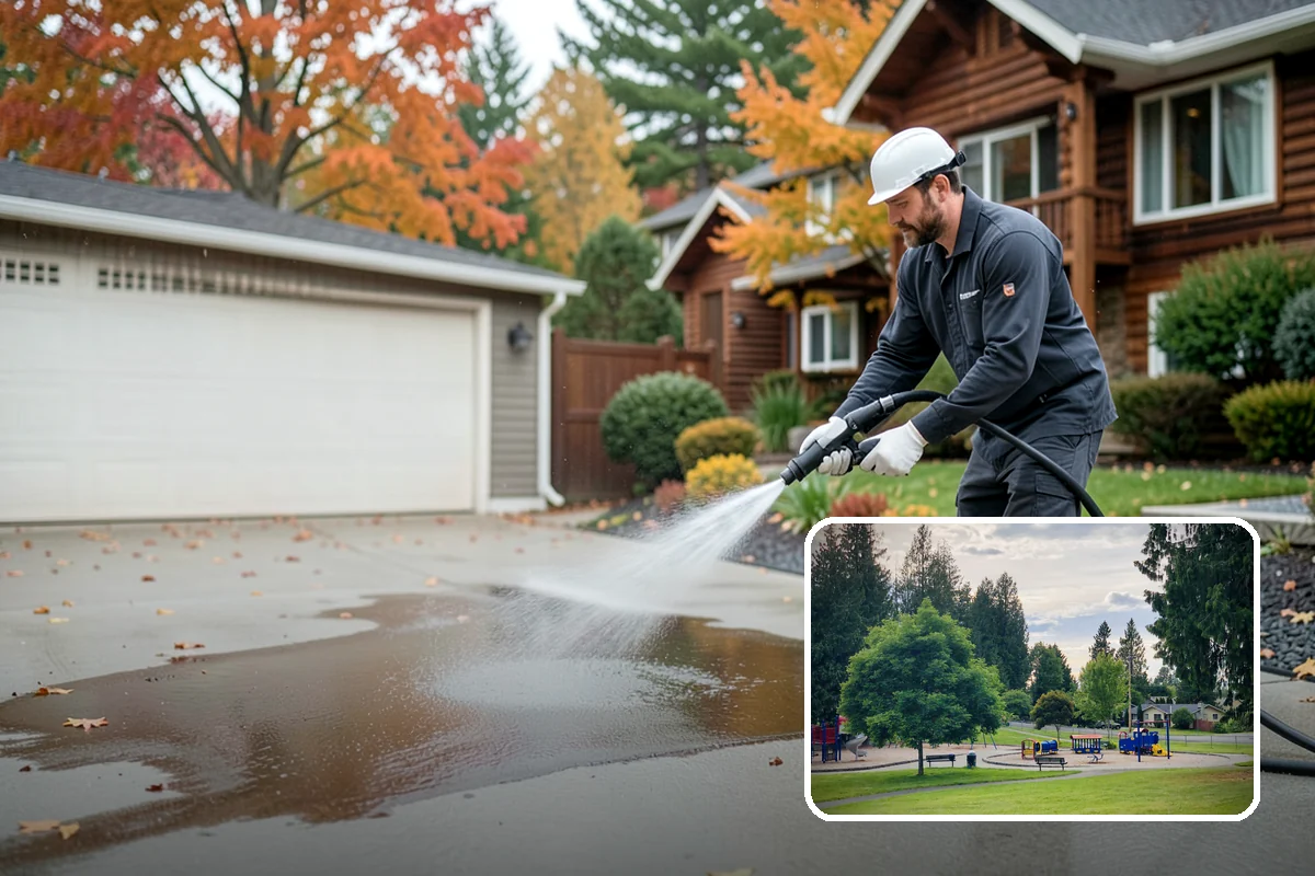 Concrete Restoration Cleaning in Bonney Lake, Pierce County, WA - Reverses years of thick moss and black streak buildup