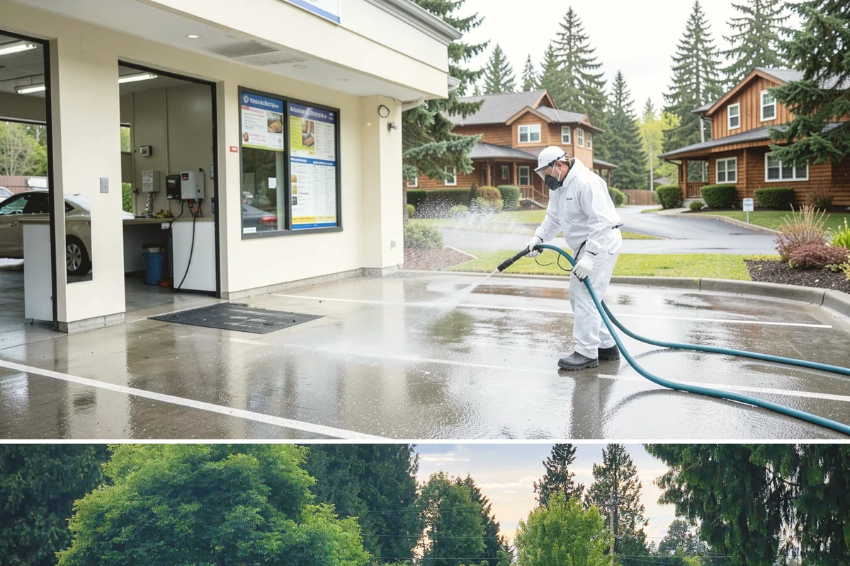 Concrete Restoration Cleaning in Bonney Lake, Pierce County, WA - A dry summer window gives the multiple treatment and rinse stages time to work without rain interrupting the process.