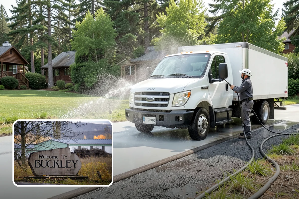 Concrete Restoration Cleaning in Buckley, Pierce County, WA - Reverses years of thick moss and black streak buildup