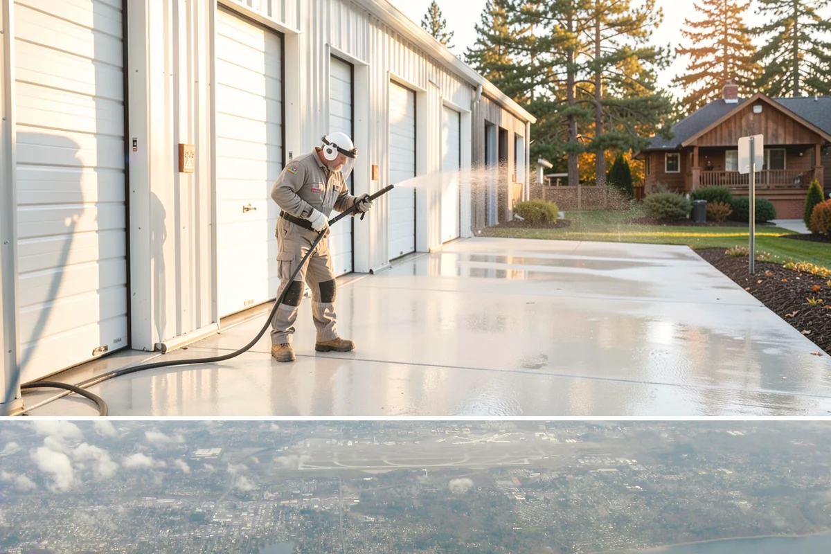 Concrete Restoration Cleaning in Burien, King County, WA - A dry summer window gives the multiple treatment and rinse stages time to work without rain interrupting the process.