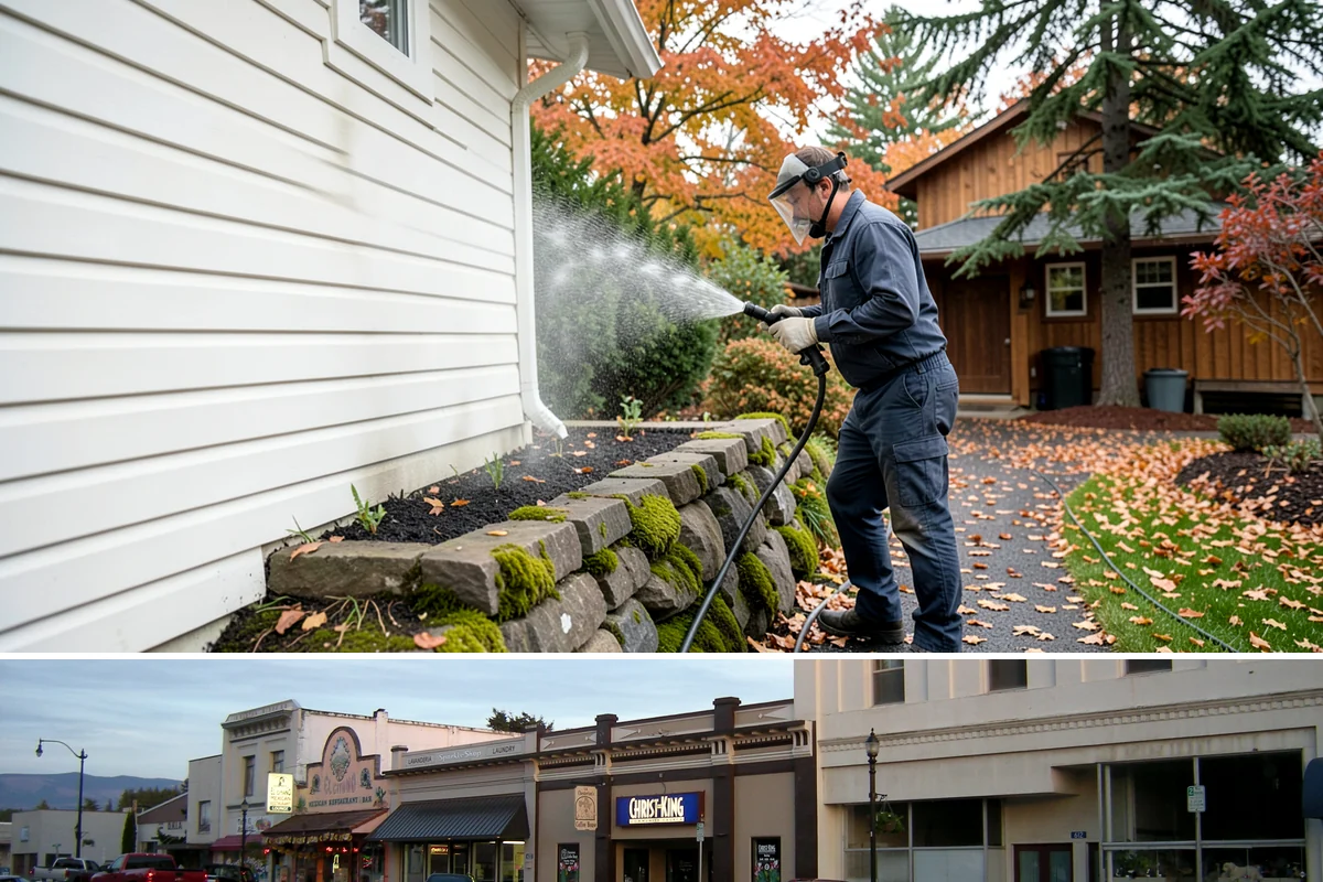 Concrete Restoration Cleaning in Burlington, Skagit County, WA - A dry summer window gives the multiple treatment and rinse stages time to work without rain interrupting the process.