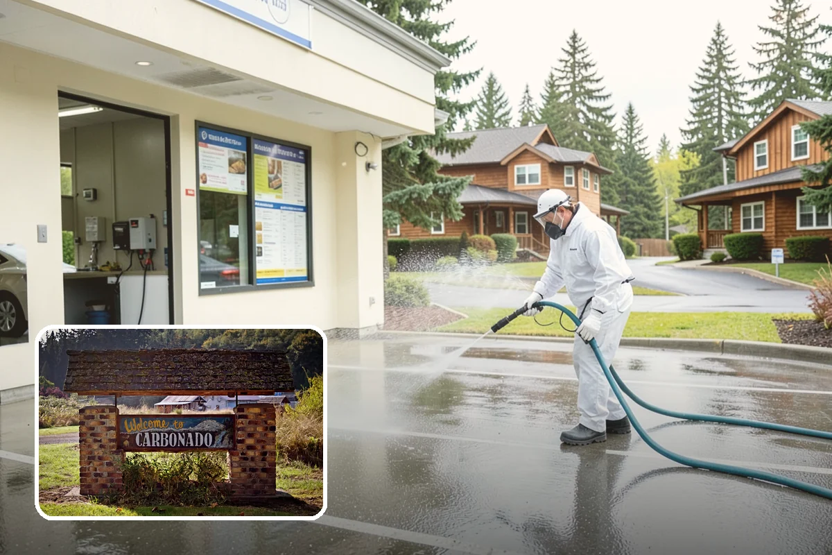 Concrete Restoration Cleaning in Carbonado, Pierce County, WA - Reverses years of thick moss and black streak buildup