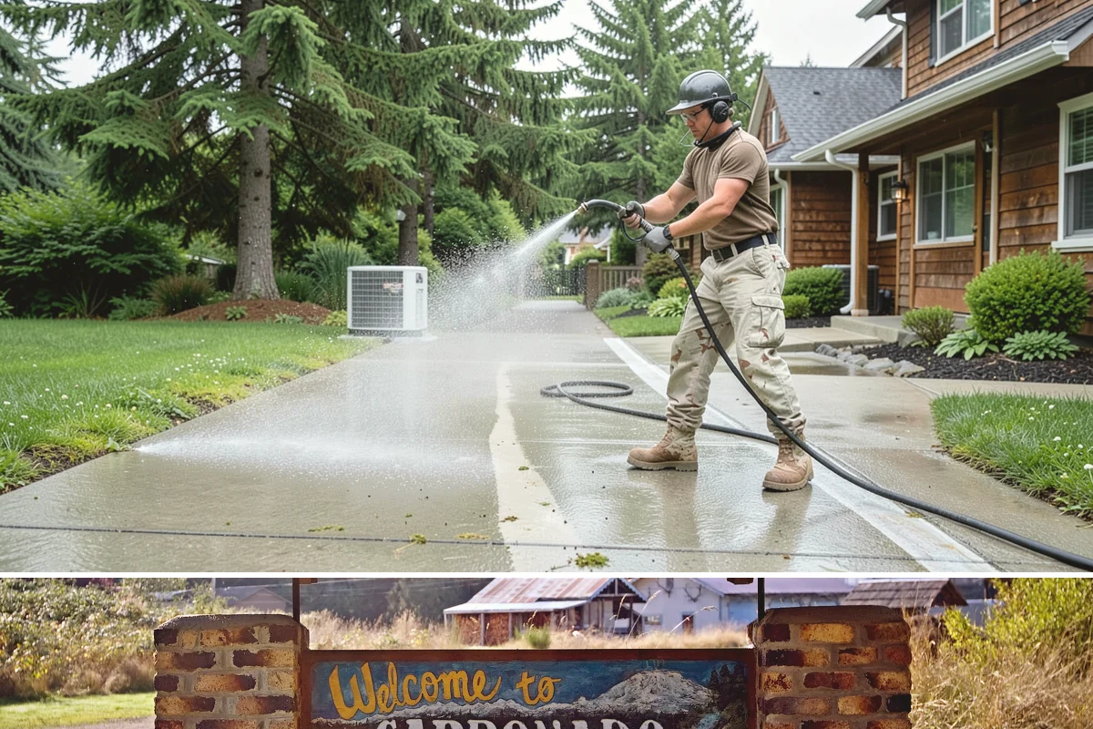 Concrete Restoration Cleaning in Carbonado, Pierce County, WA - A dry summer window gives the multiple treatment and rinse stages time to work without rain interrupting the process.