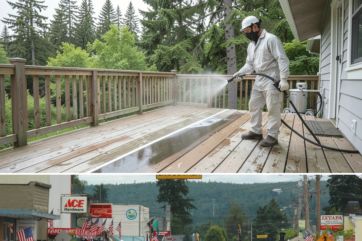 Concrete Restoration Cleaning in Carnation, King County, WA - A dry summer window gives the multiple treatment and rinse stages time to work without rain interrupting the process.