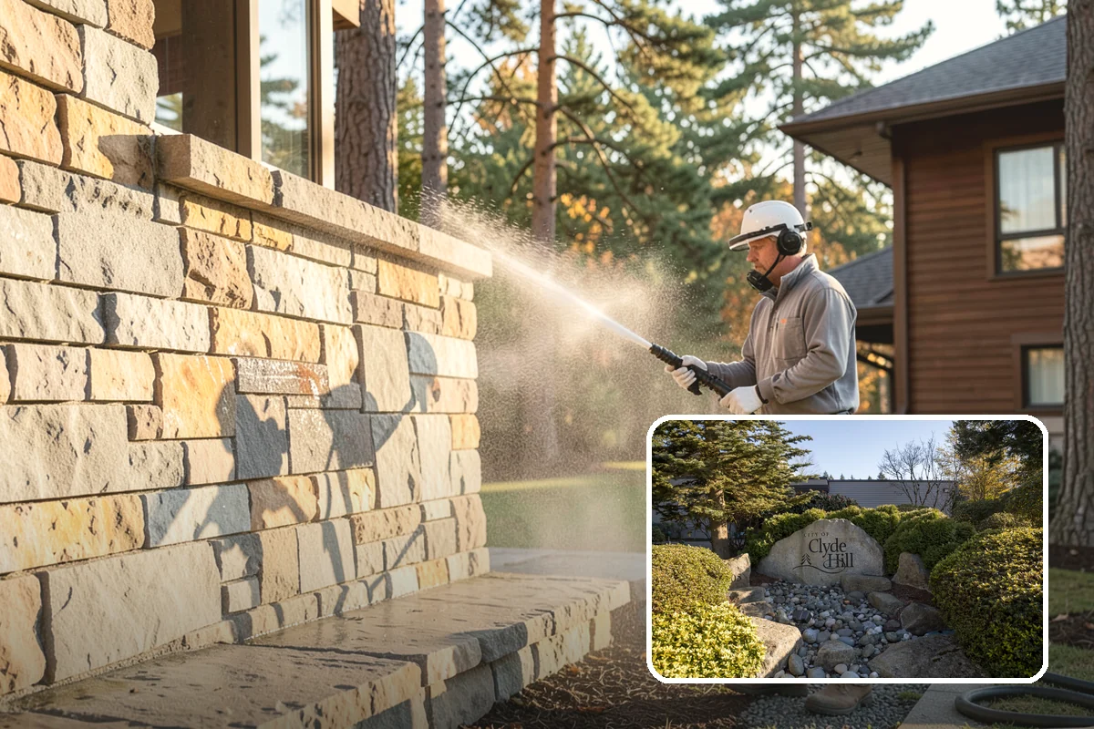 Concrete Restoration Cleaning in Clyde Hill, King County, WA - Reverses years of thick moss and black streak buildup