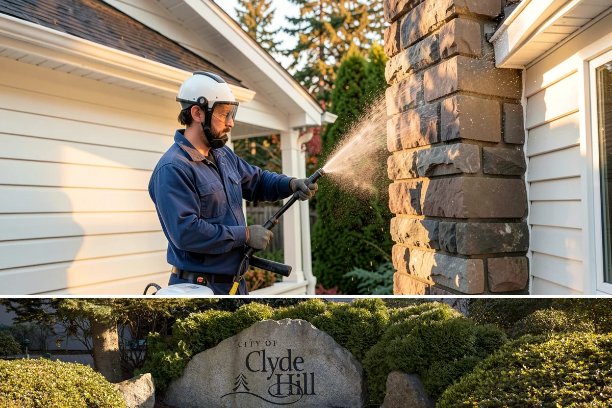 Concrete Restoration Cleaning in Clyde Hill, King County, WA - A dry summer window gives the multiple treatment and rinse stages time to work without rain interrupting the process.