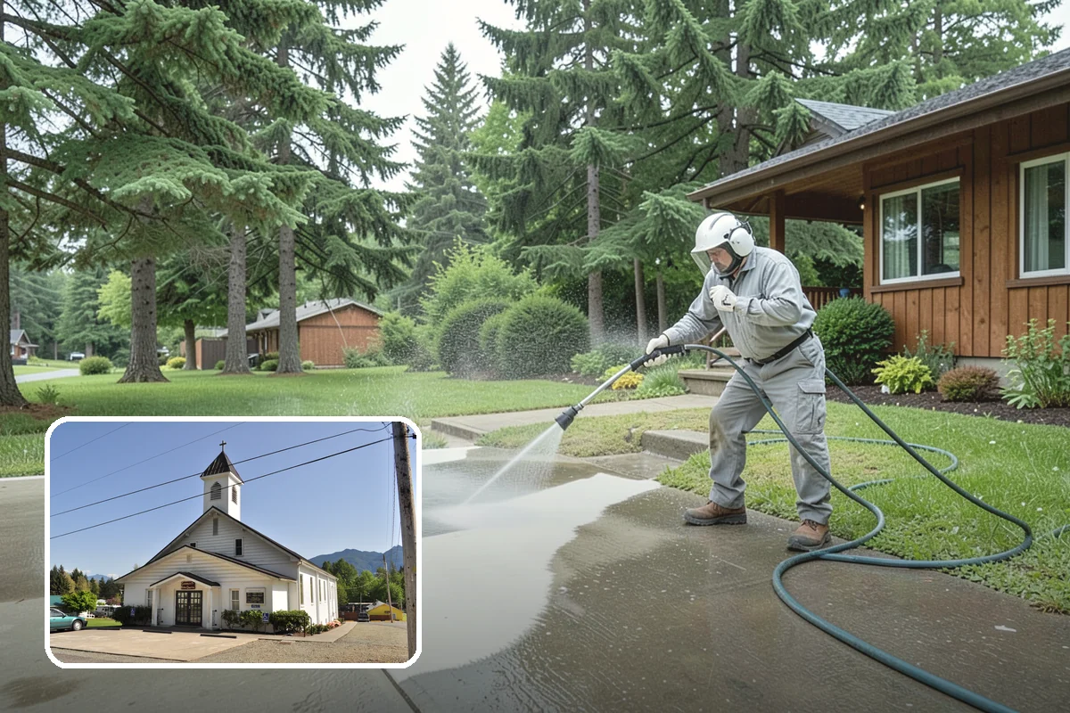 Concrete Restoration Cleaning in Concrete, Skagit County, WA - Reverses years of thick moss and black streak buildup