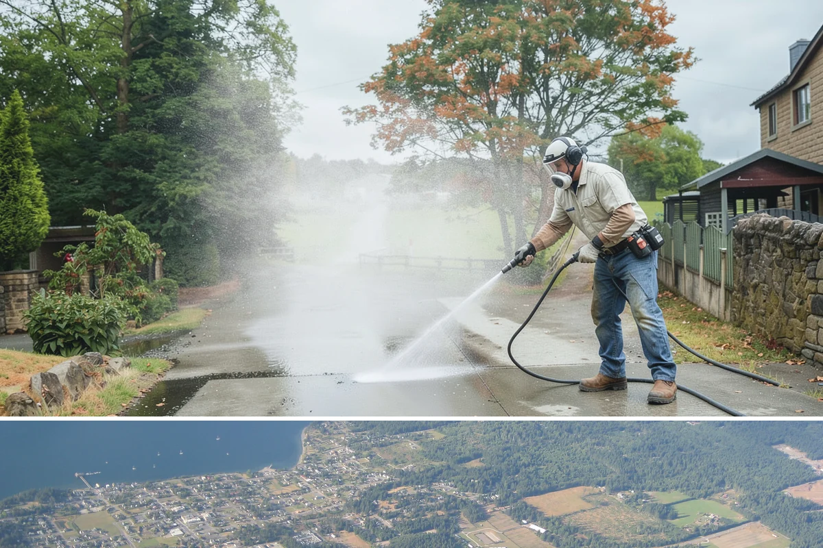 Concrete Restoration Cleaning in Coupeville, Island County, WA - A dry summer window gives the multiple treatment and rinse stages time to work without rain interrupting the process.