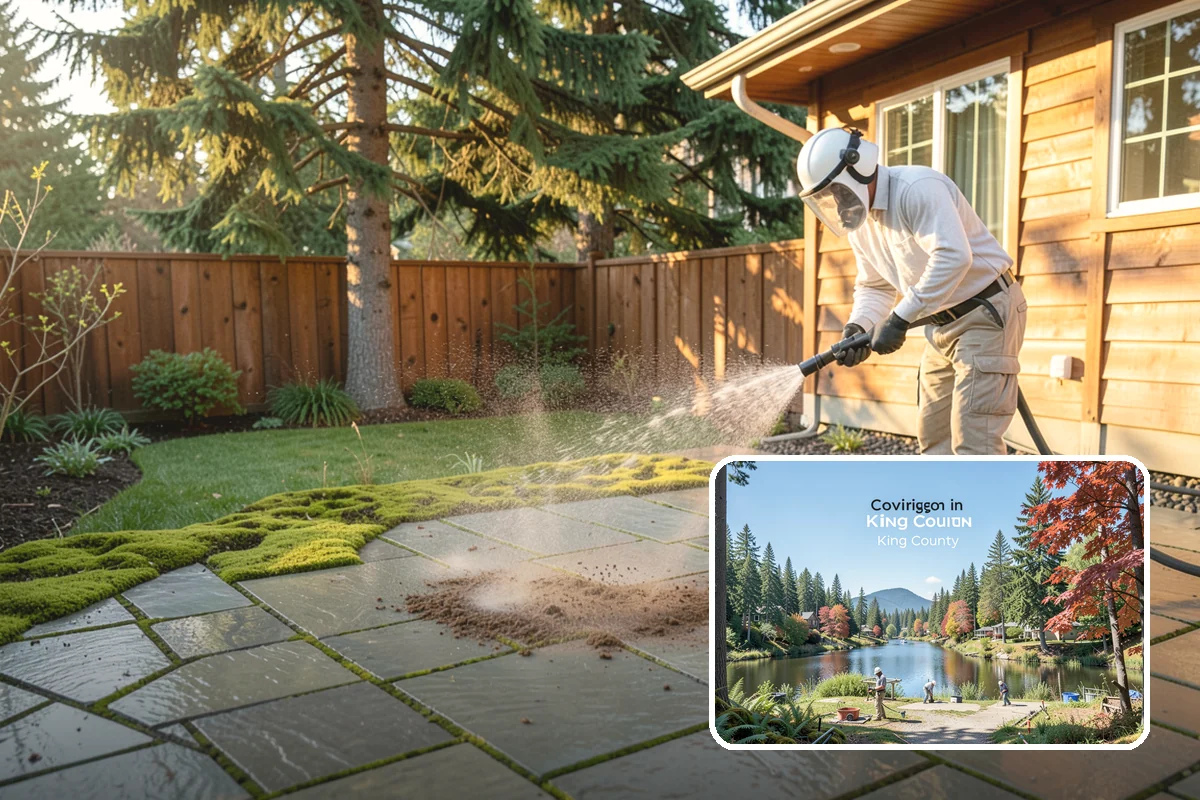 Concrete Restoration Cleaning in Covington, King County, WA - Reverses years of thick moss and black streak buildup