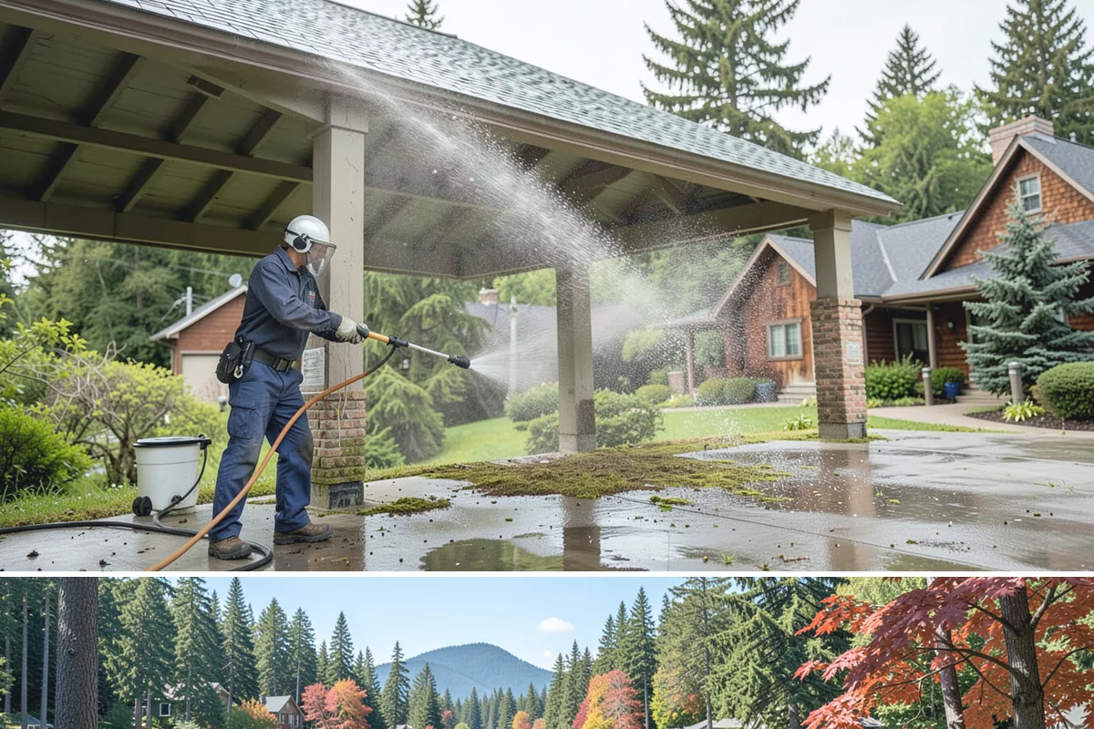 Concrete Restoration Cleaning in Covington, King County, WA - A dry summer window gives the multiple treatment and rinse stages time to work without rain interrupting the process.