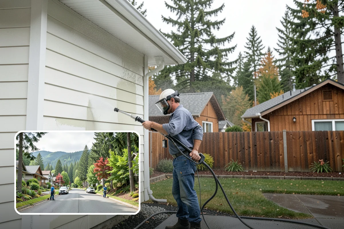 Concrete Restoration Cleaning in Darrington, Snohomish County, WA - Reverses years of thick moss and black streak buildup