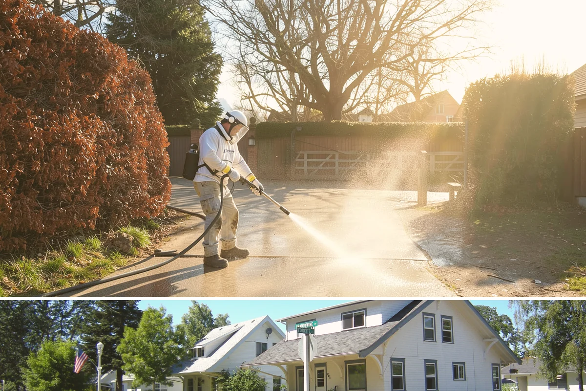 Concrete Restoration Cleaning in DuPont, Pierce County, WA - A dry summer window gives the multiple treatment and rinse stages time to work without rain interrupting the process.