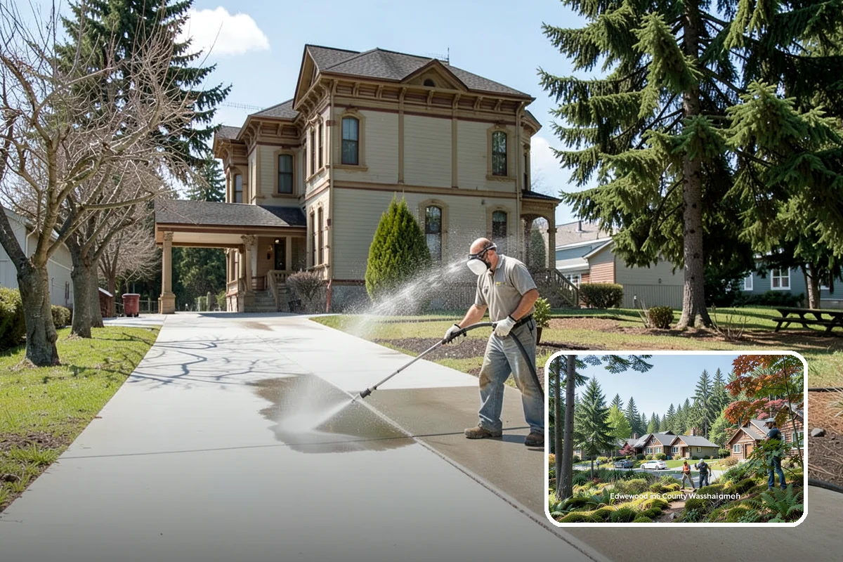 Concrete Restoration Cleaning in Edgewood, Pierce County, WA - Reverses years of thick moss and black streak buildup