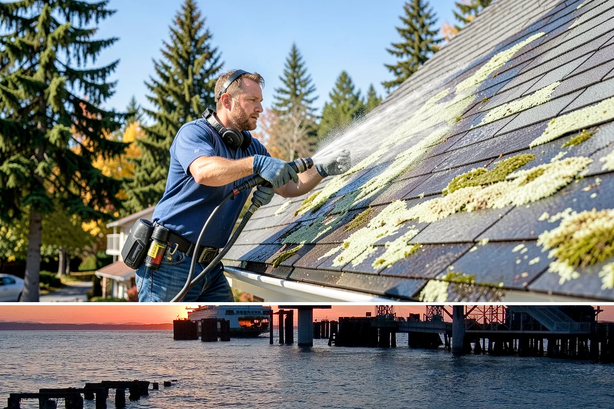 Concrete Restoration Cleaning in Edmonds, Snohomish County, WA - A dry summer window gives the multiple treatment and rinse stages time to work without rain interrupting the process.