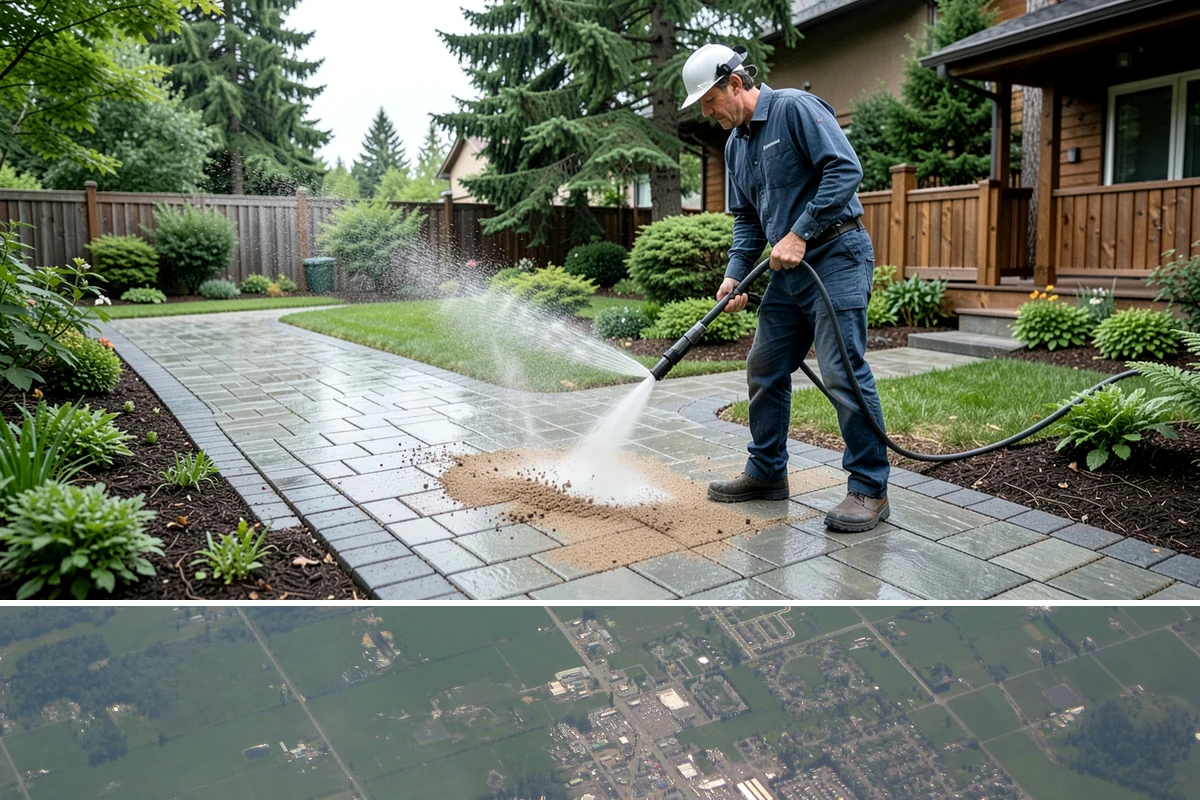Concrete Restoration Cleaning in Enumclaw, King County, WA - A dry summer window gives the multiple treatment and rinse stages time to work without rain interrupting the process.