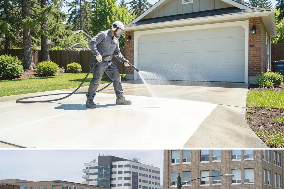 Concrete Restoration Cleaning in Everett, Snohomish County, WA - A dry summer window gives the multiple treatment and rinse stages time to work without rain interrupting the process.