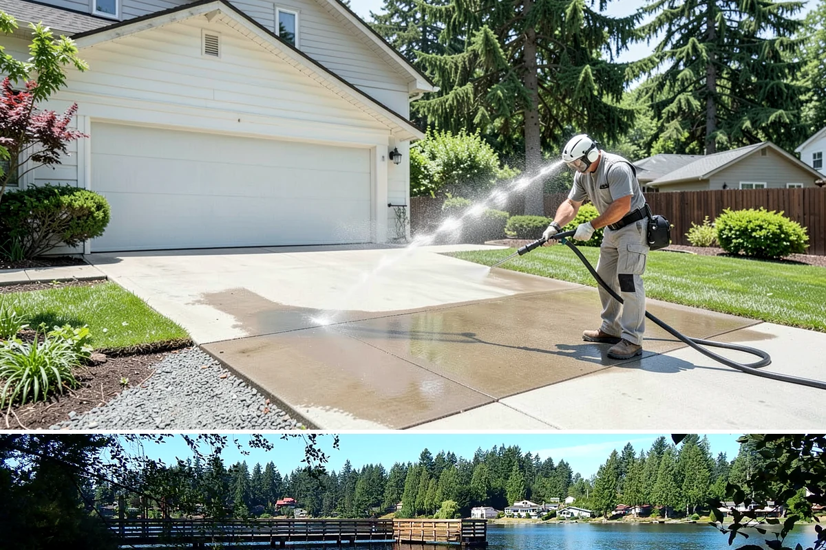 Concrete Restoration Cleaning in Federal Way, King County, WA - A dry summer window gives the multiple treatment and rinse stages time to work without rain interrupting the process.