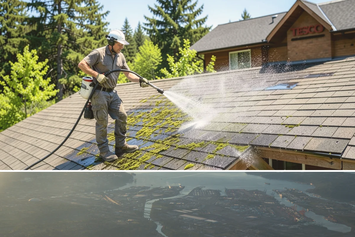 Concrete Restoration Cleaning in Fife, Pierce County, WA - A dry summer window gives the multiple treatment and rinse stages time to work without rain interrupting the process.