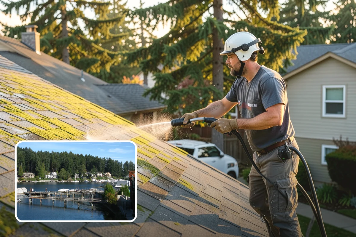 Concrete Restoration Cleaning in Gig Harbor, Pierce County, WA - Reverses years of thick moss and black streak buildup