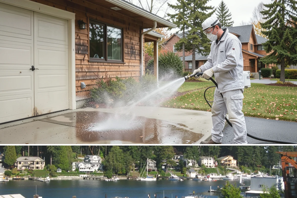 Concrete Restoration Cleaning in Gig Harbor, Pierce County, WA - A dry summer window gives the multiple treatment and rinse stages time to work without rain interrupting the process.