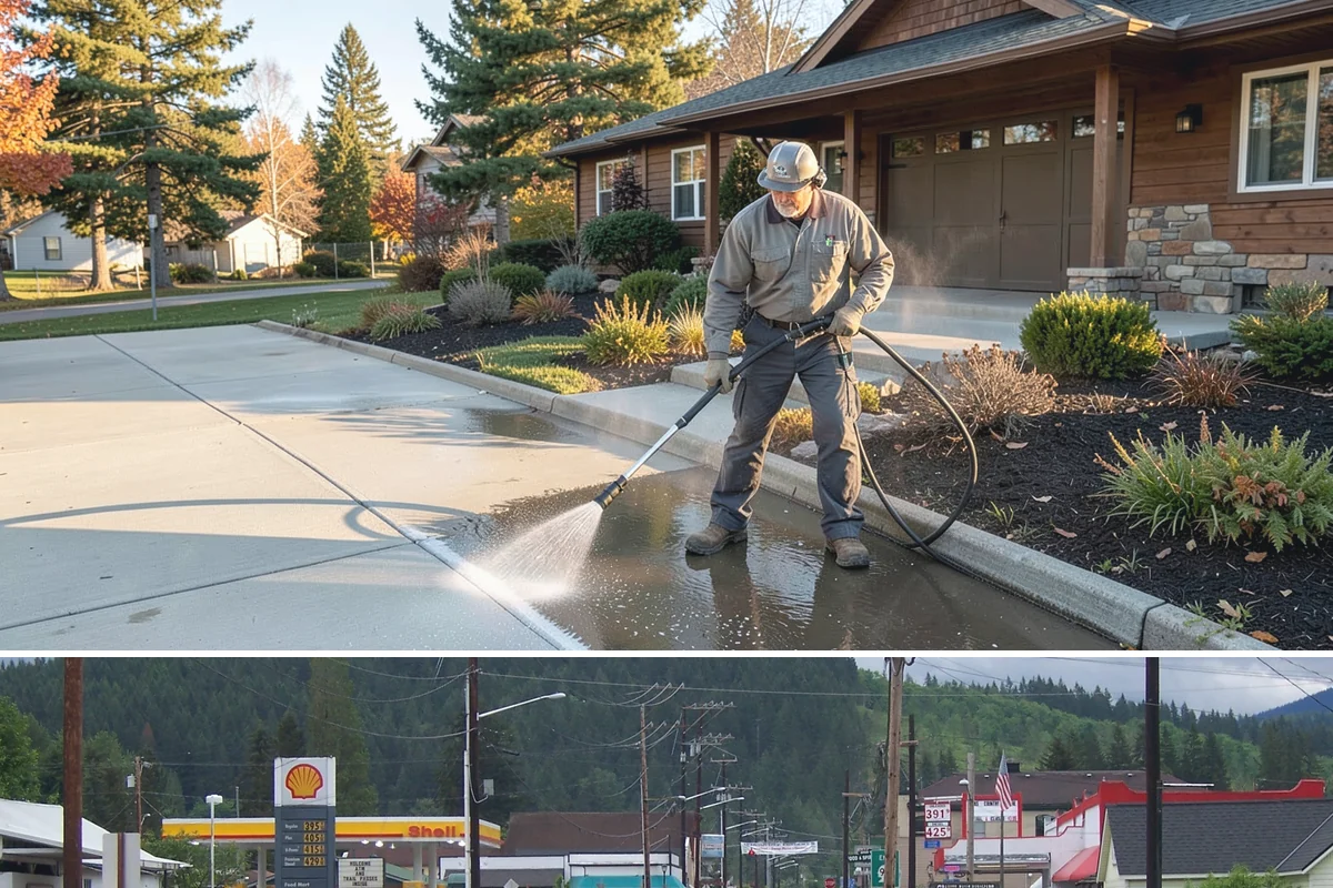 Concrete Restoration Cleaning in Granite Falls, Snohomish County, WA - A dry summer window gives the multiple treatment and rinse stages time to work without rain interrupting the process.