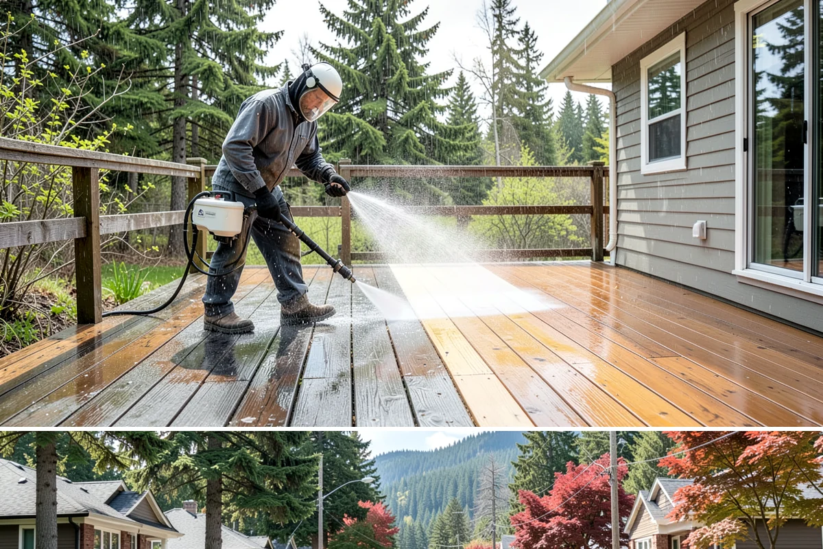 Concrete Restoration Cleaning in Hunts Point, King County, WA - A dry summer window gives the multiple treatment and rinse stages time to work without rain interrupting the process.