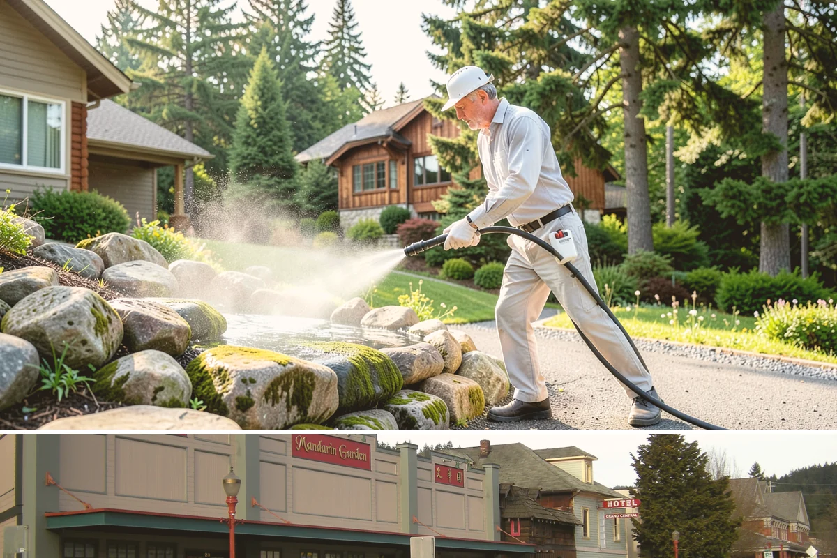 Concrete Restoration Cleaning in Issaquah, King County, WA - A dry summer window gives the multiple treatment and rinse stages time to work without rain interrupting the process.