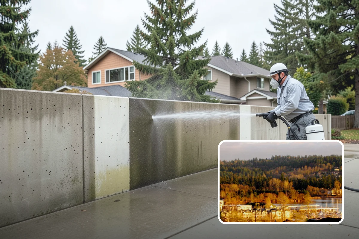 Concrete Restoration Cleaning in Kenmore, King County, WA - Reverses years of thick moss and black streak buildup