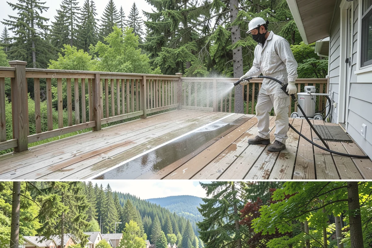 Concrete Restoration Cleaning in Lake Forest Park, King County, WA - A dry summer window gives the multiple treatment and rinse stages time to work without rain interrupting the process.
