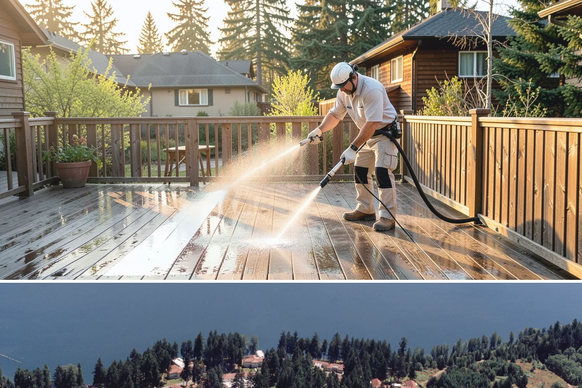 Concrete Restoration Cleaning in Lakewood, Pierce County, WA - A dry summer window gives the multiple treatment and rinse stages time to work without rain interrupting the process.