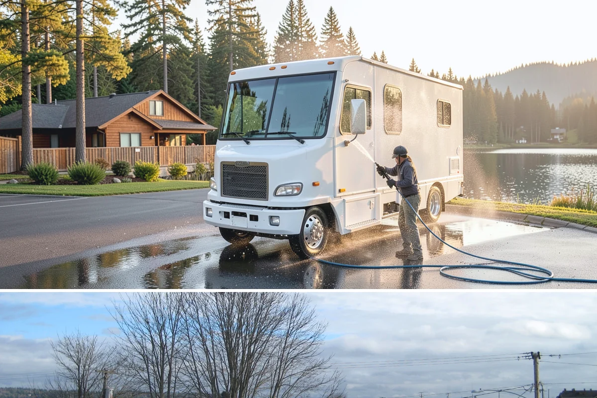 Concrete Restoration Cleaning in Langley, Island County, WA - A dry summer window gives the multiple treatment and rinse stages time to work without rain interrupting the process.