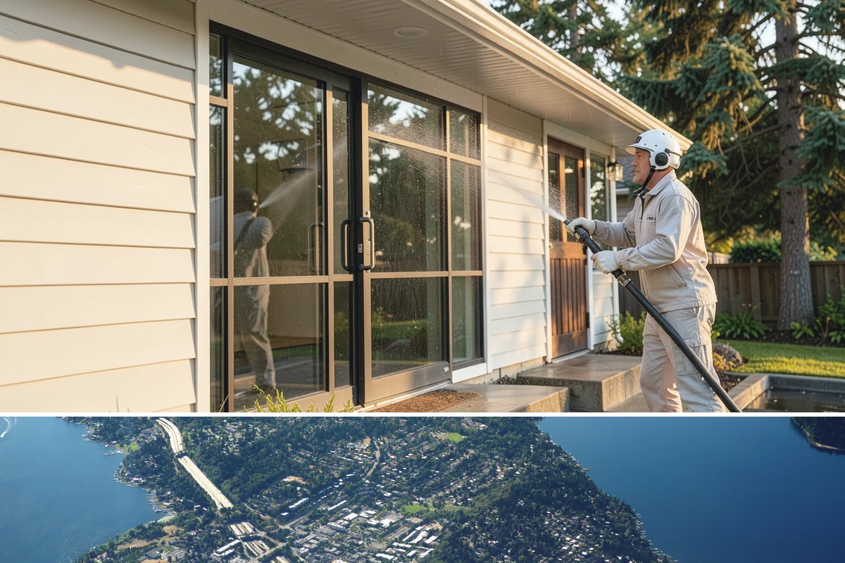 Concrete Restoration Cleaning in Mercer Island, King County, WA - A dry summer window gives the multiple treatment and rinse stages time to work without rain interrupting the process.