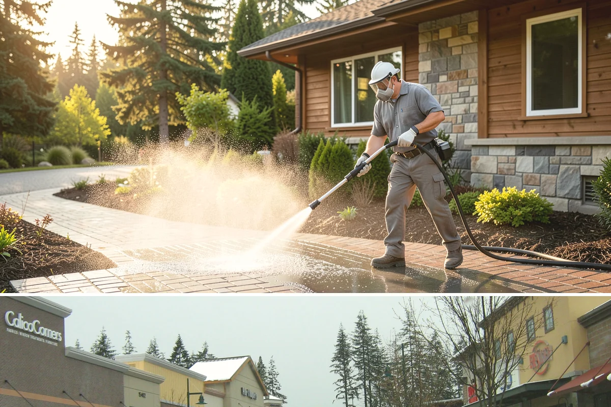 Concrete Restoration Cleaning in Mill Creek, Snohomish County, WA - A dry summer window gives the multiple treatment and rinse stages time to work without rain interrupting the process.
