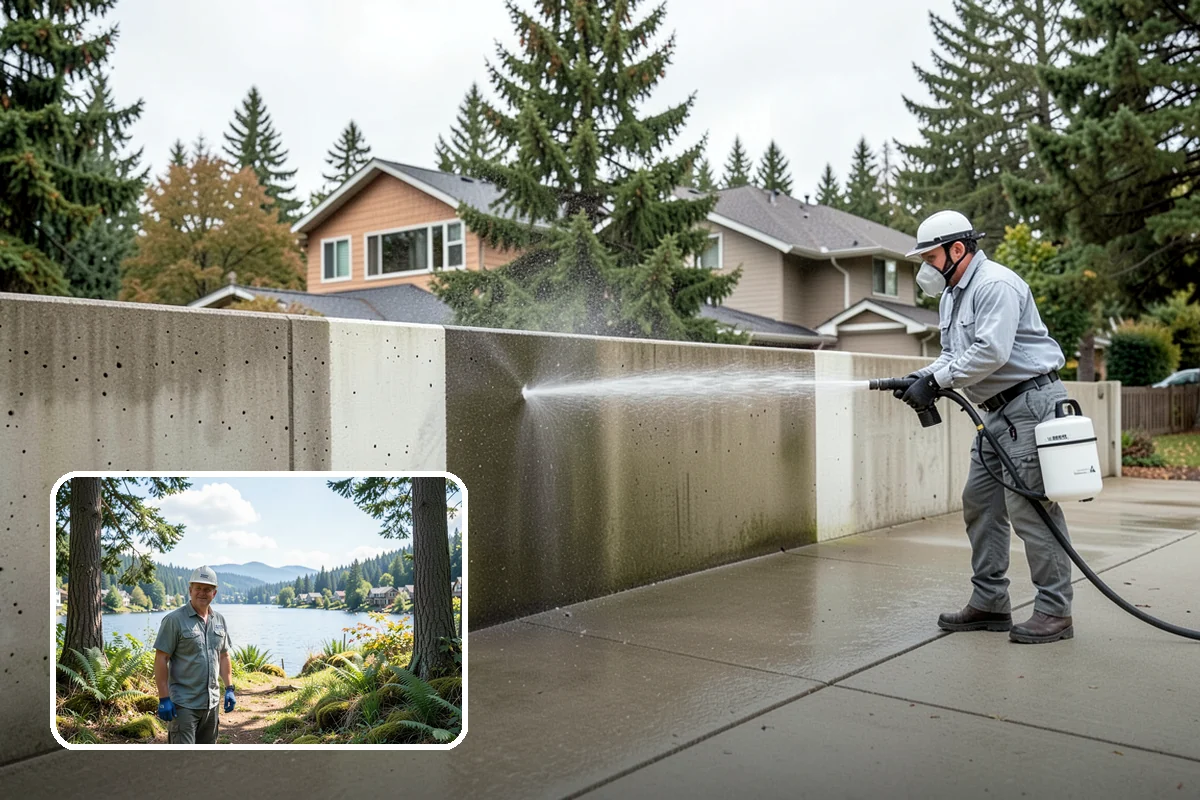 Concrete Restoration Cleaning in Milton, King County, WA - Reverses years of thick moss and black streak buildup