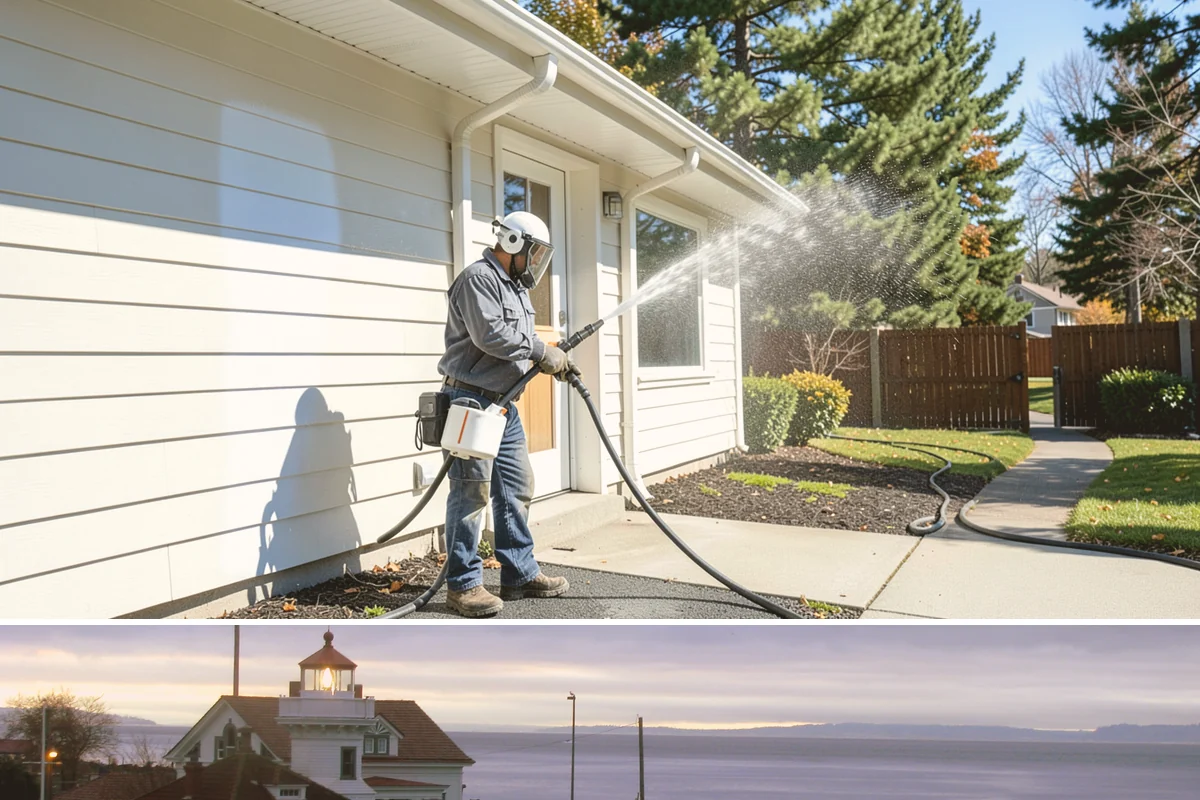 Concrete Restoration Cleaning in Mukilteo, Snohomish County, WA - A dry summer window gives the multiple treatment and rinse stages time to work without rain interrupting the process.