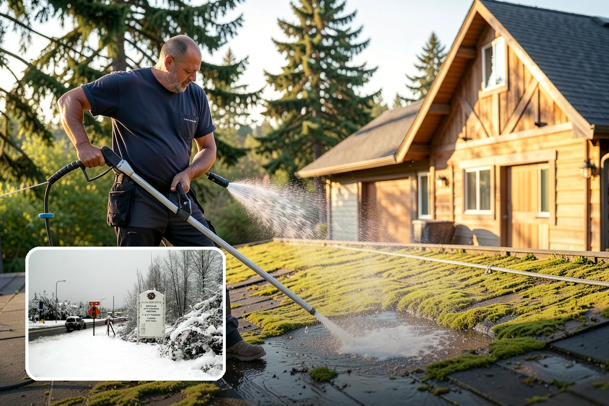 Concrete Restoration Cleaning in Newcastle, King County, WA - Reverses years of thick moss and black streak buildup