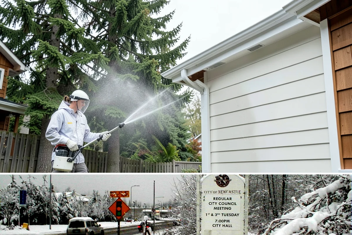 Concrete Restoration Cleaning in Newcastle, King County, WA - A dry summer window gives the multiple treatment and rinse stages time to work without rain interrupting the process.
