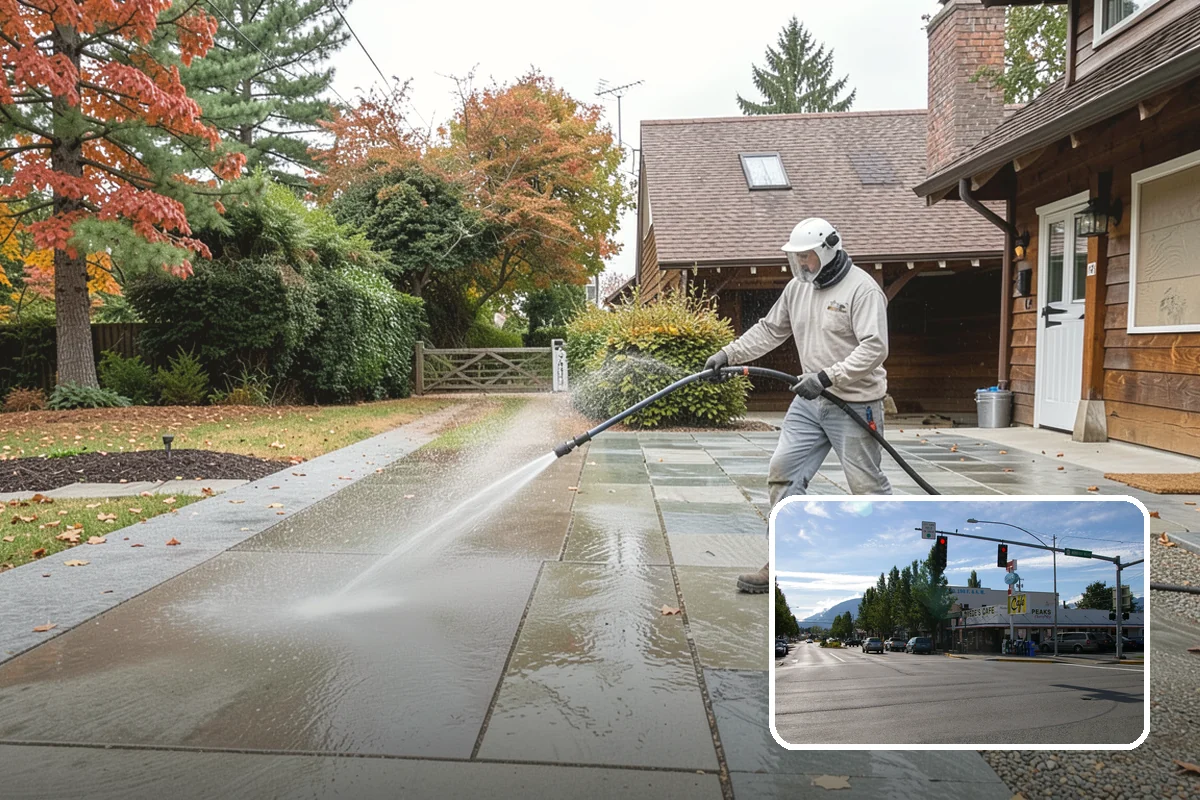 Concrete Restoration Cleaning in North Bend, King County, WA - Reverses years of thick moss and black streak buildup