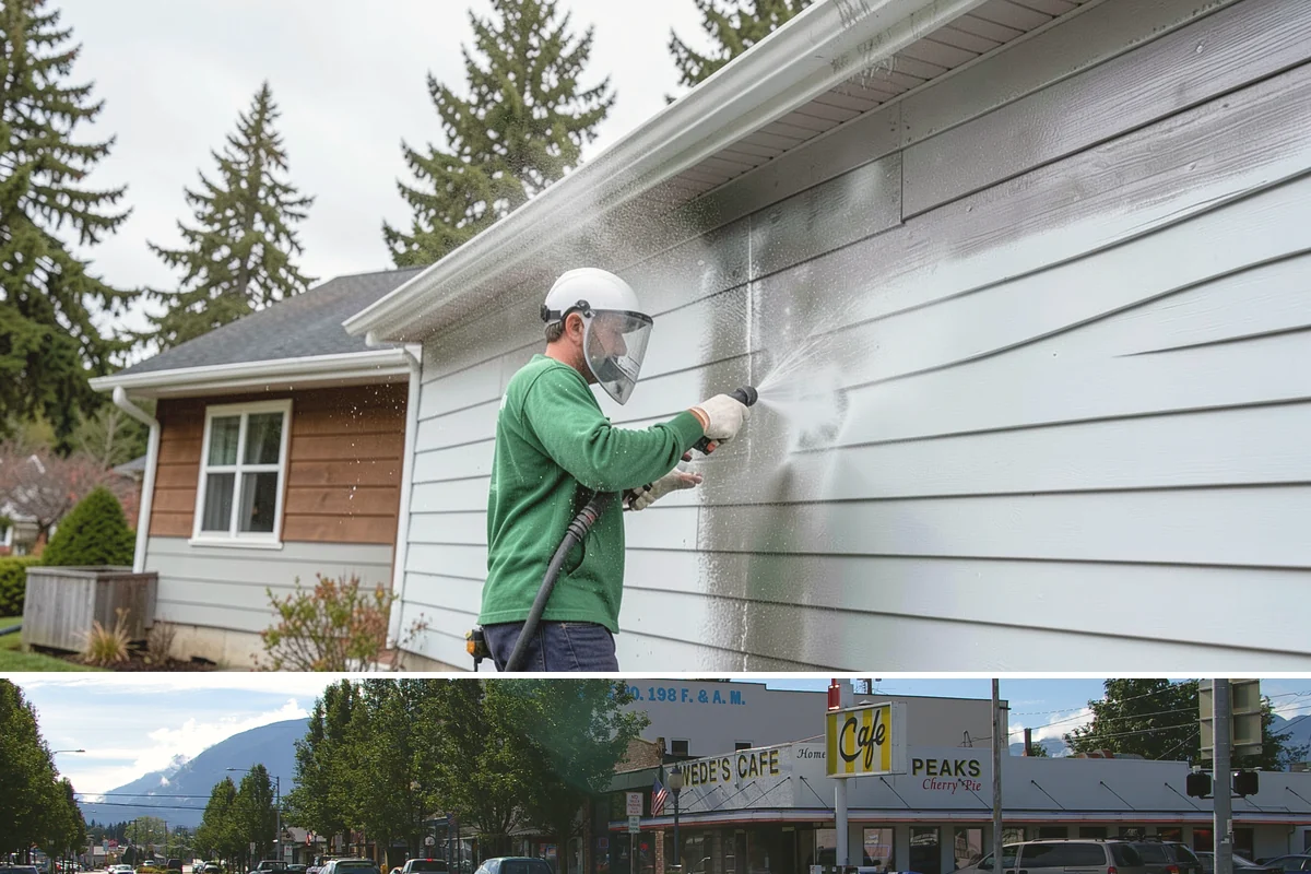Concrete Restoration Cleaning in North Bend, King County, WA - A dry summer window gives the multiple treatment and rinse stages time to work without rain interrupting the process.
