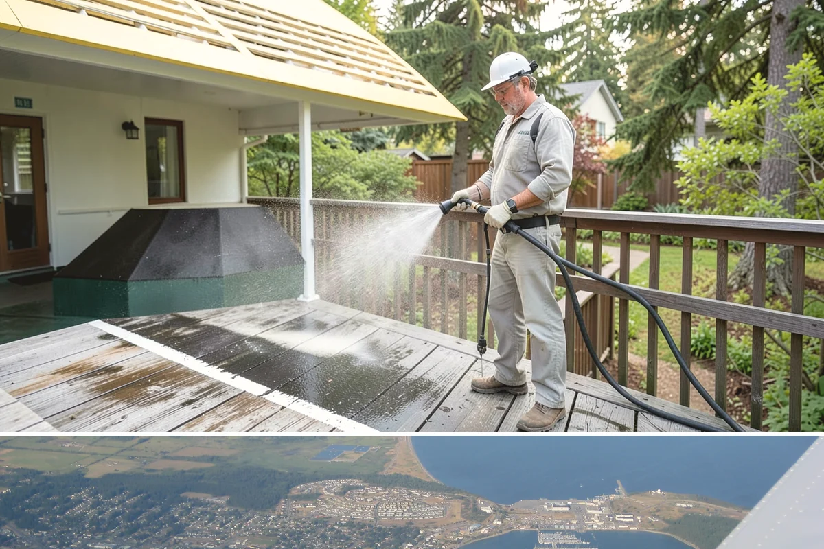 Concrete Restoration Cleaning in Oak Harbor, Island County, WA - A dry summer window gives the multiple treatment and rinse stages time to work without rain interrupting the process.
