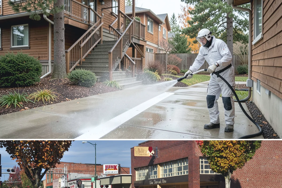 Concrete Restoration Cleaning in Puyallup, Pierce County, WA - A dry summer window gives the multiple treatment and rinse stages time to work without rain interrupting the process.