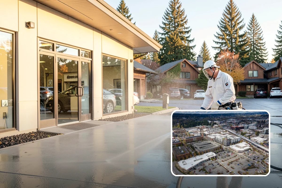 Concrete Restoration Cleaning in Redmond, King County, WA - Reverses years of thick moss and black streak buildup