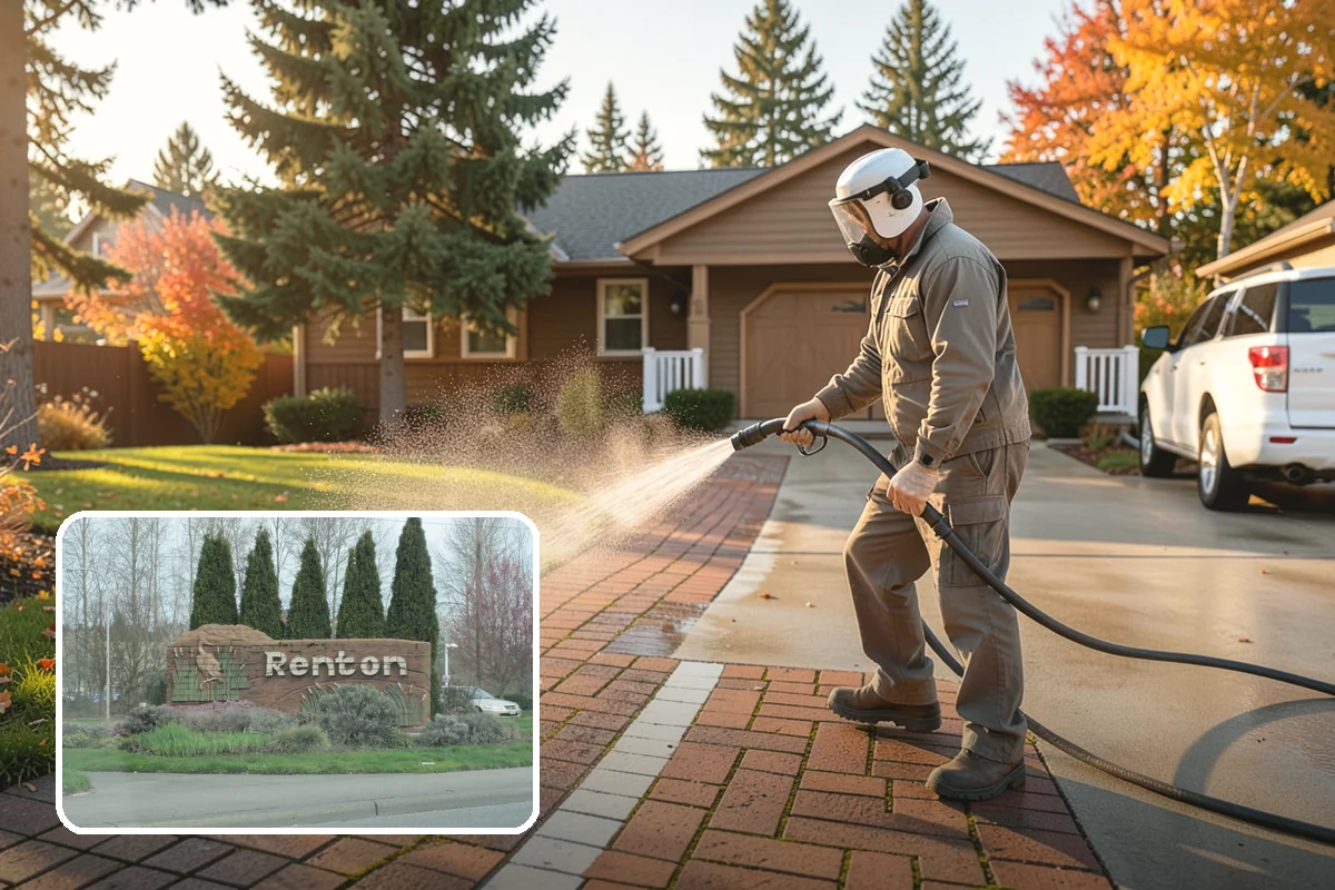 Concrete Restoration Cleaning in Renton, King County, WA - Reverses years of thick moss and black streak buildup