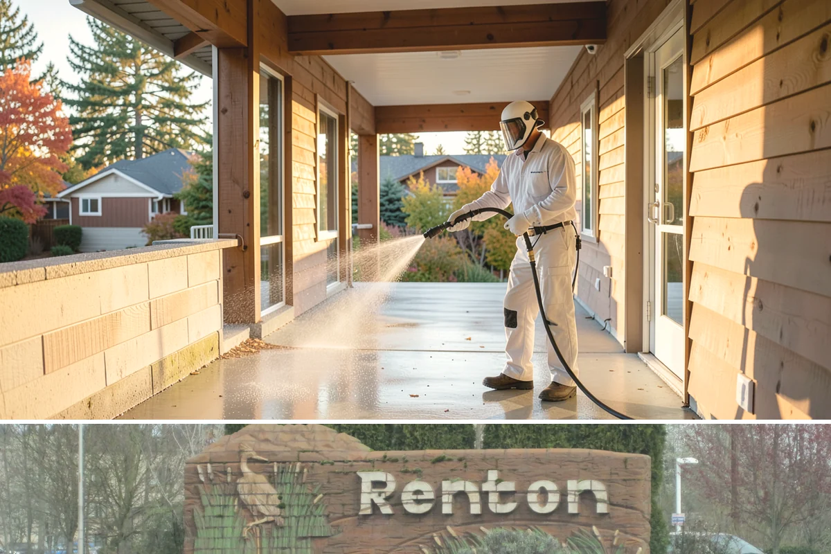 Concrete Restoration Cleaning in Renton, King County, WA - A dry summer window gives the multiple treatment and rinse stages time to work without rain interrupting the process.
