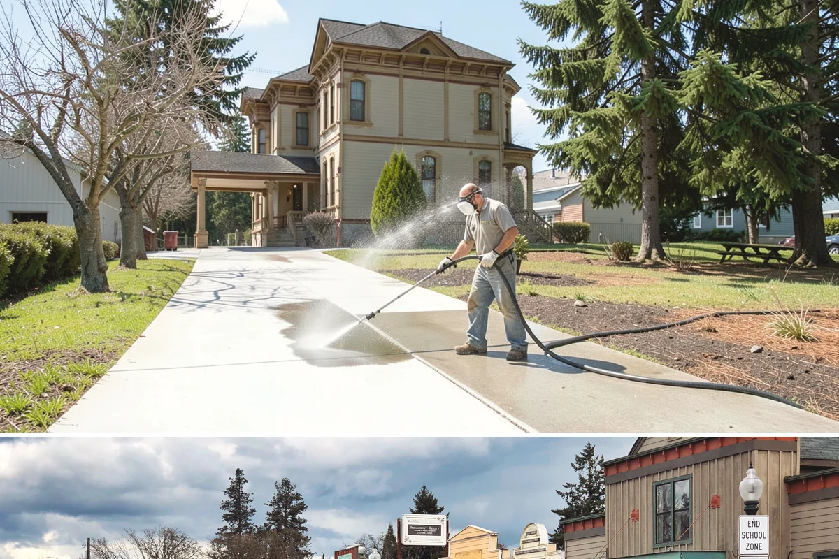 Concrete Restoration Cleaning in Roy, Pierce County, WA - A dry summer window gives the multiple treatment and rinse stages time to work without rain interrupting the process.