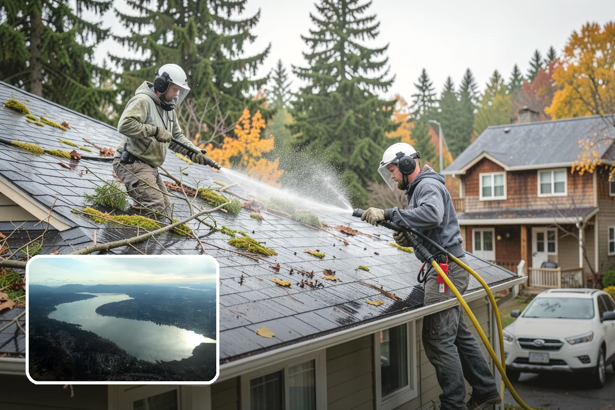 Concrete Restoration Cleaning in Sammamish, King County, WA - Reverses years of thick moss and black streak buildup