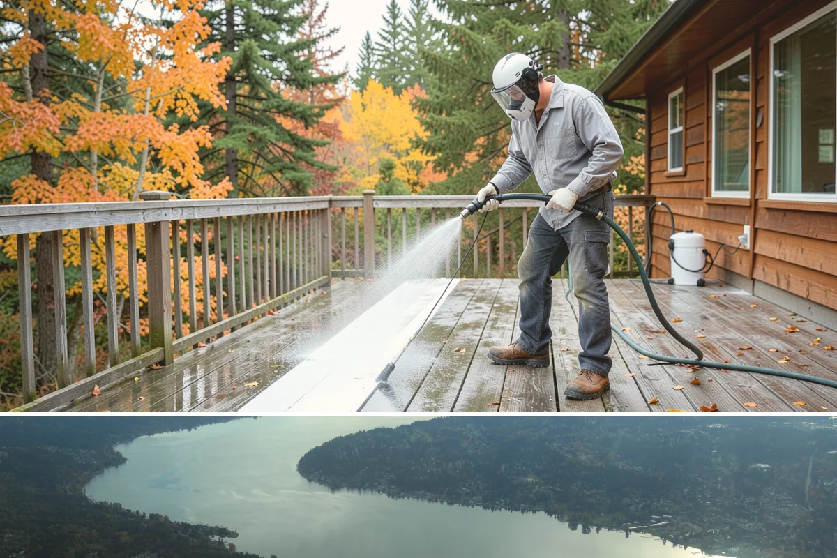 Concrete Restoration Cleaning in Sammamish, King County, WA - A dry summer window gives the multiple treatment and rinse stages time to work without rain interrupting the process.