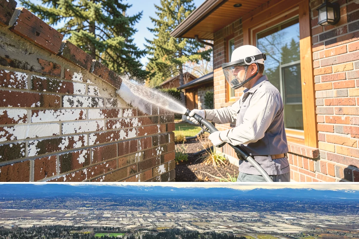 Concrete Restoration Cleaning in SeaTac, King County, WA - A dry summer window gives the multiple treatment and rinse stages time to work without rain interrupting the process.