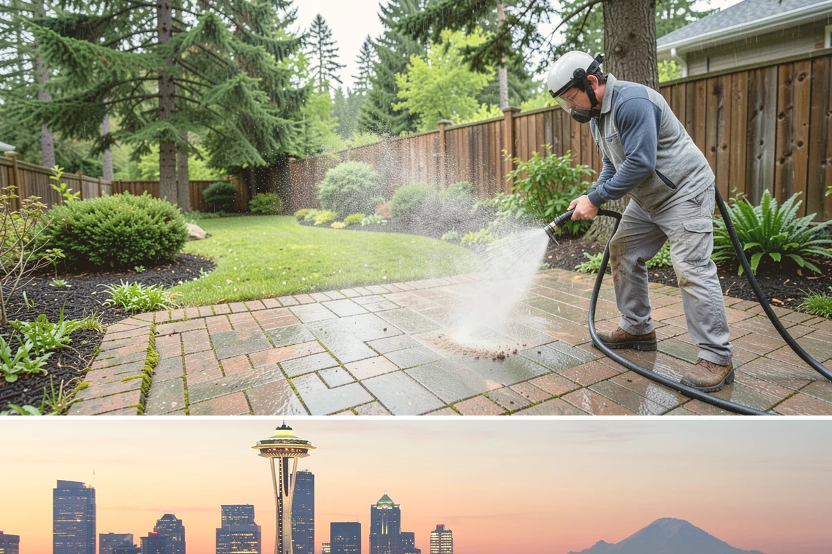 Concrete Restoration Cleaning in Seattle, King County, WA - A dry summer window gives the multiple treatment and rinse stages time to work without rain interrupting the process.